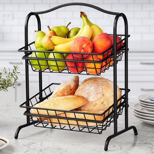 2 Tier Wrought Iron Kitchen Snack Stand Two Removable Fruit Baskets Wood Handle