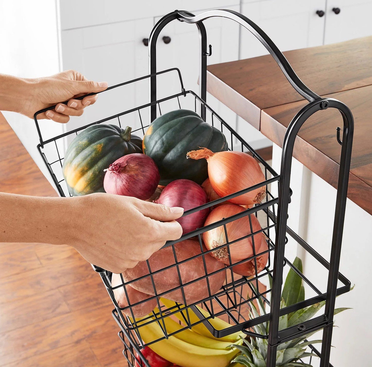 3 Tier Wire Bin Baskets Wrought Iron Fruit Stand Kitchen Bathroom Storage Rack