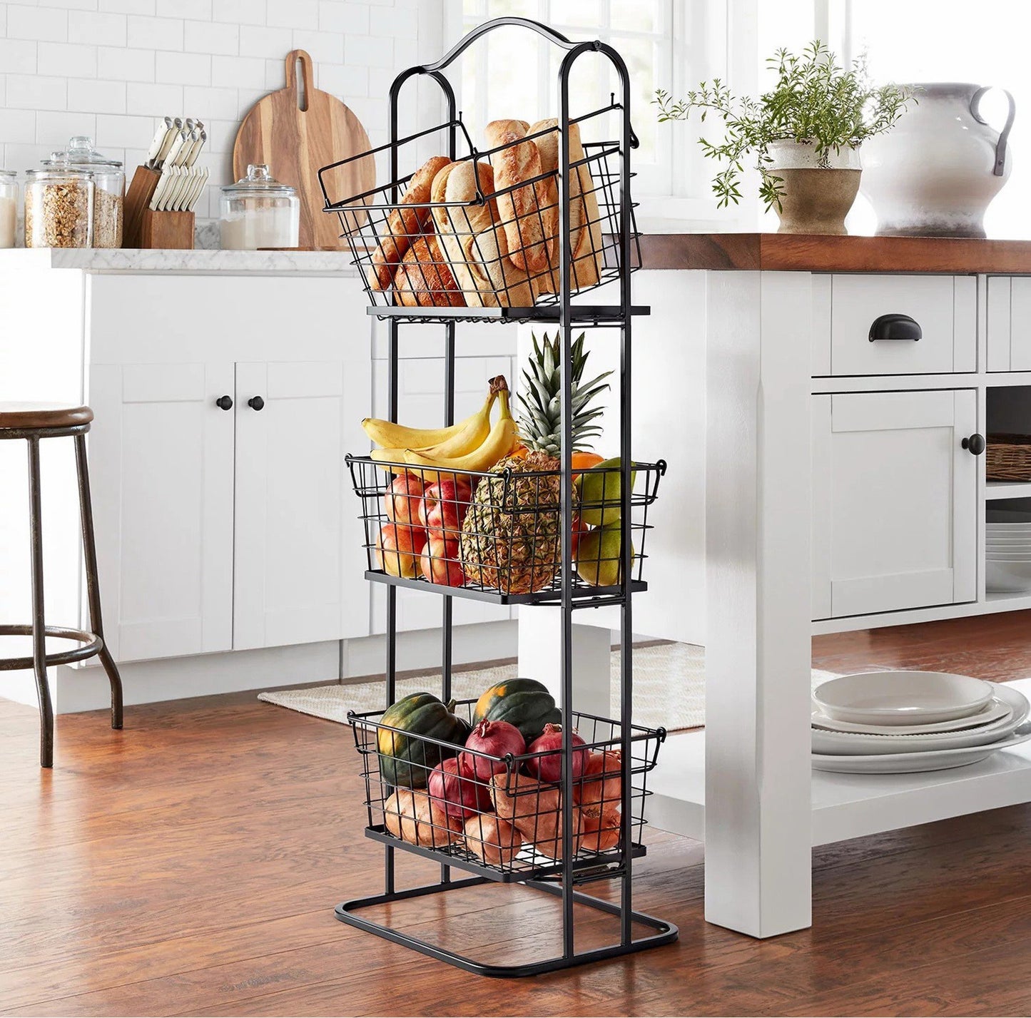 3 Tier Wire Bin Baskets Wrought Iron Fruit Stand Kitchen Bathroom Storage Rack