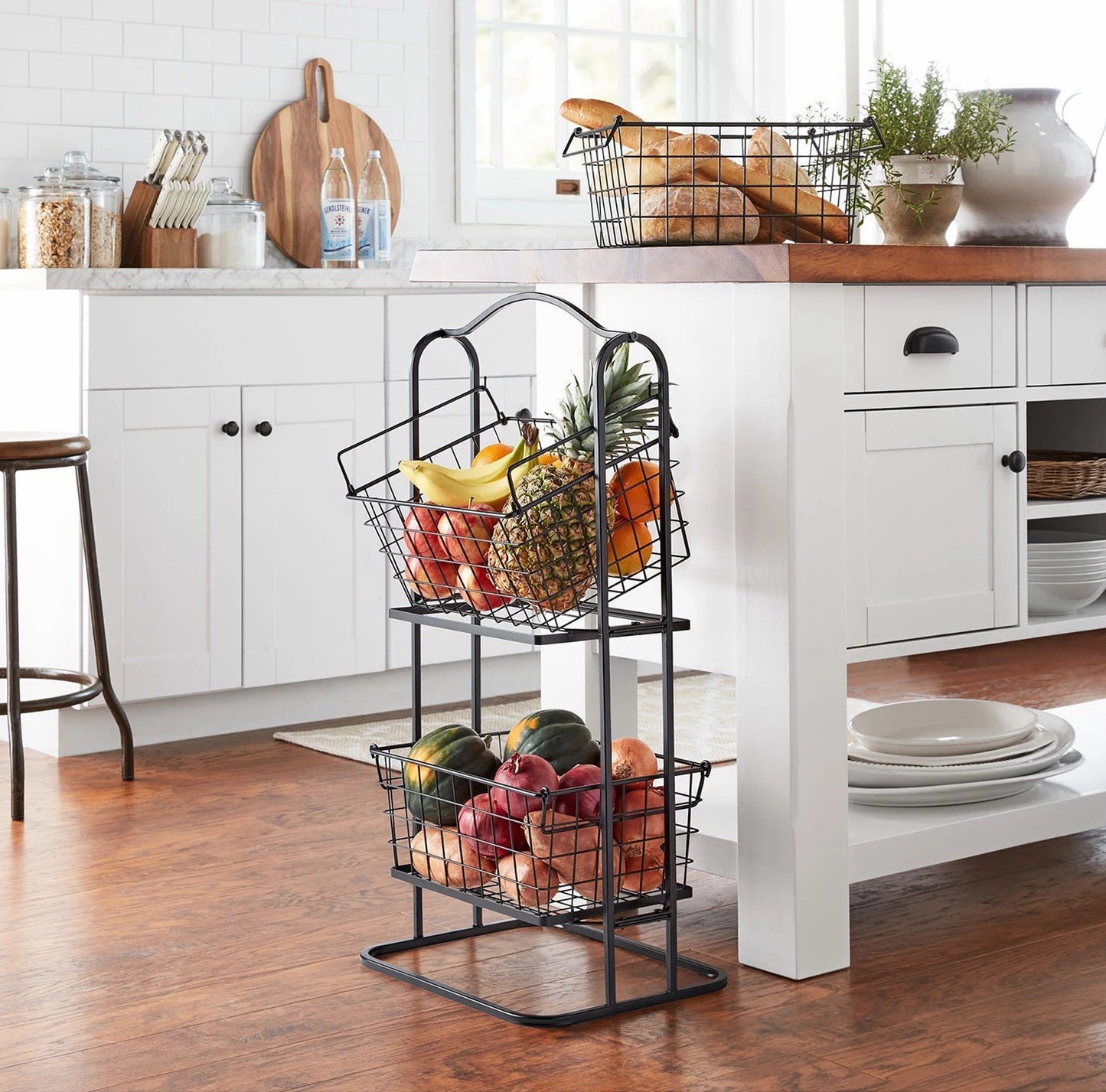 3 Tier Wire Bin Baskets Wrought Iron Fruit Stand Kitchen Bathroom Storage Rack