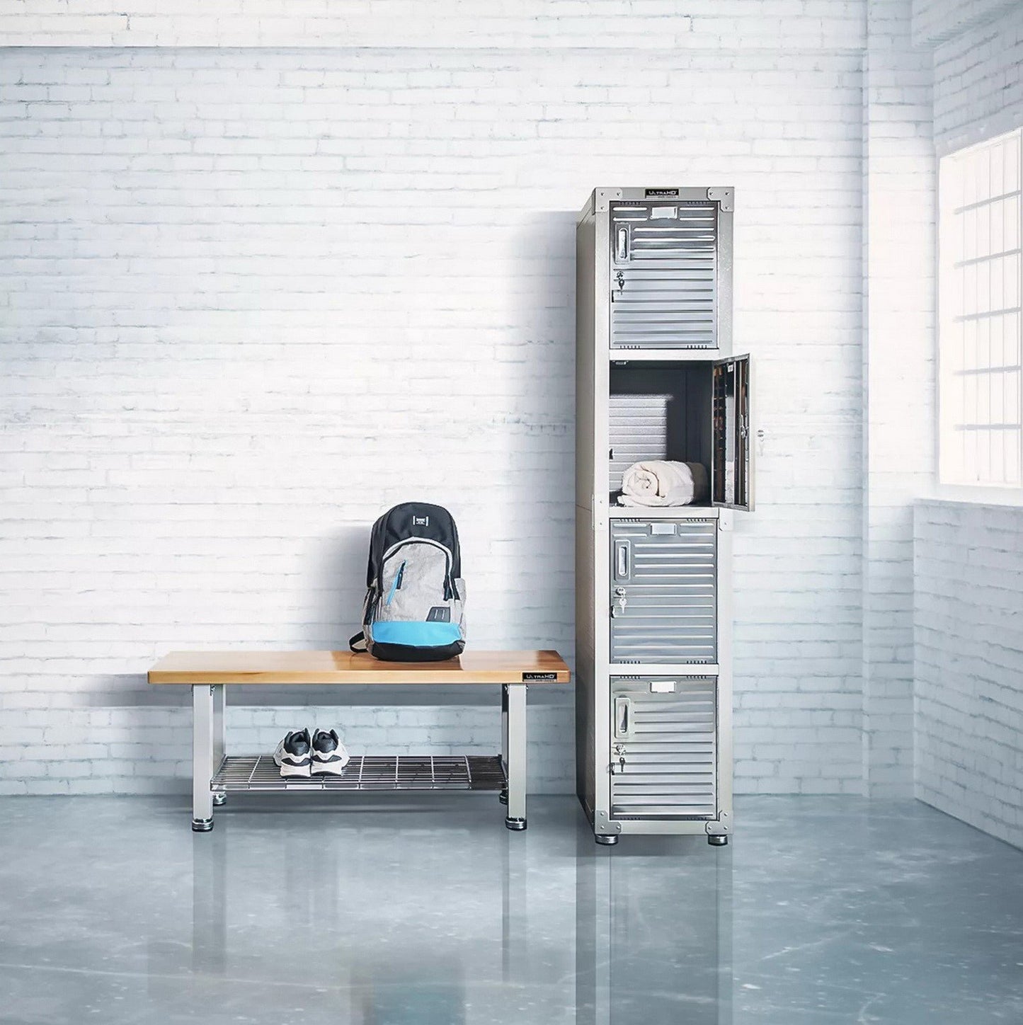 48" Wood Top Seating Bench with Chrome Steel Wire Storage Shelf