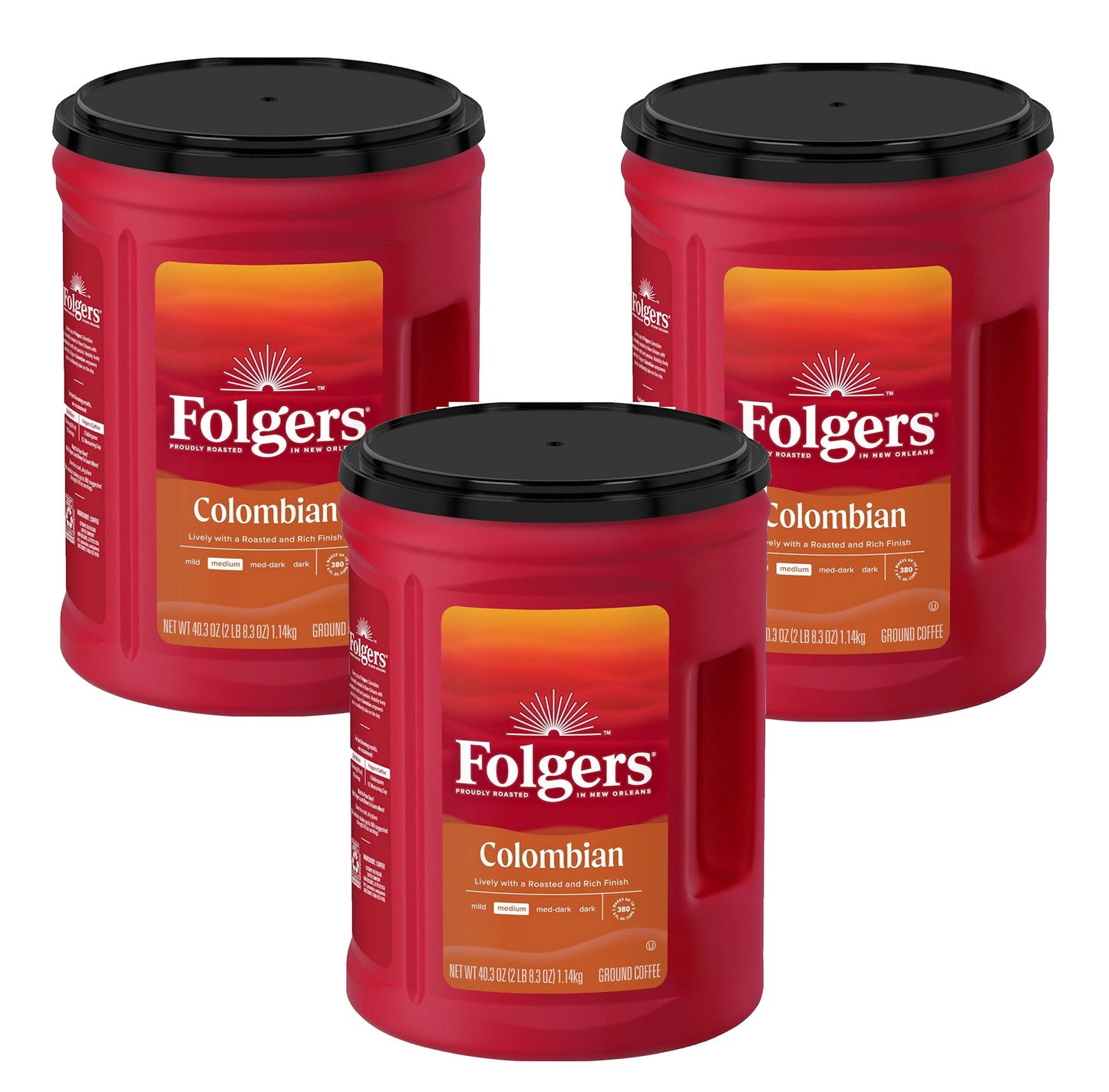 40.3 oz Folgers 100% Colombian Coffee Ground Medium Roast 1 2 or 3 Canisters