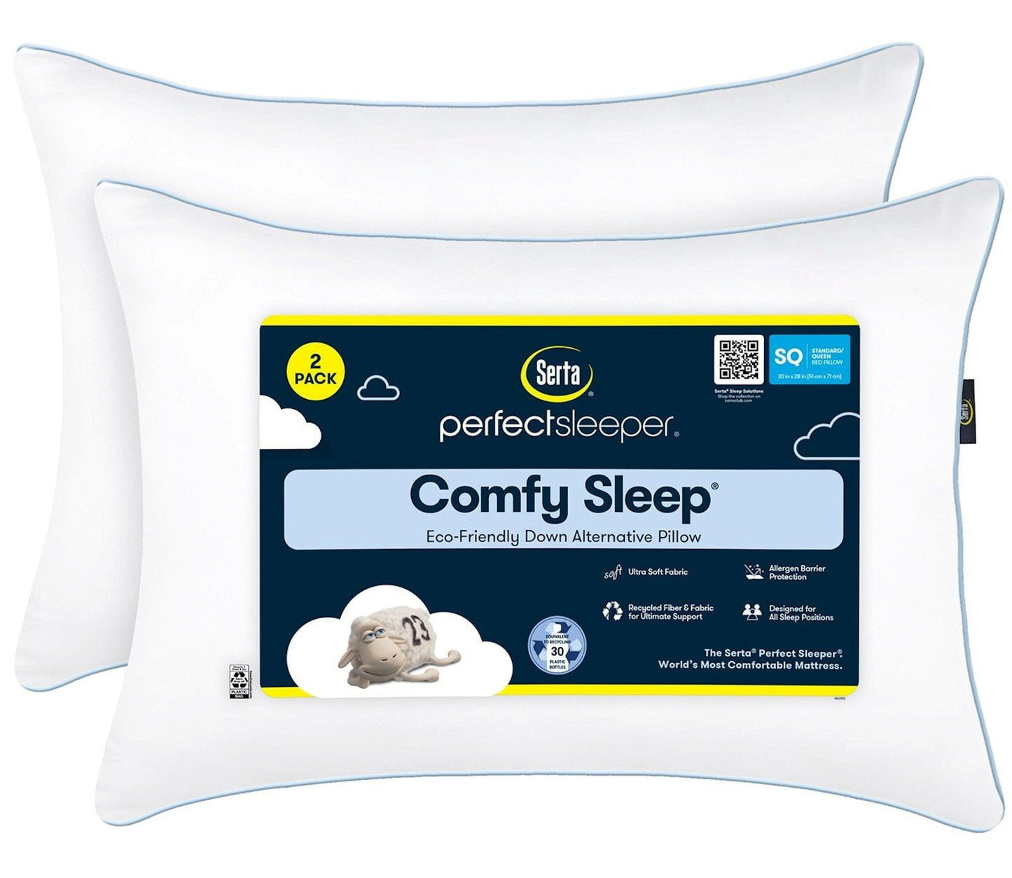 Two Pack Serta Bed Pillows Queen or King Size Fiberfill 300 Thread Count Cotton