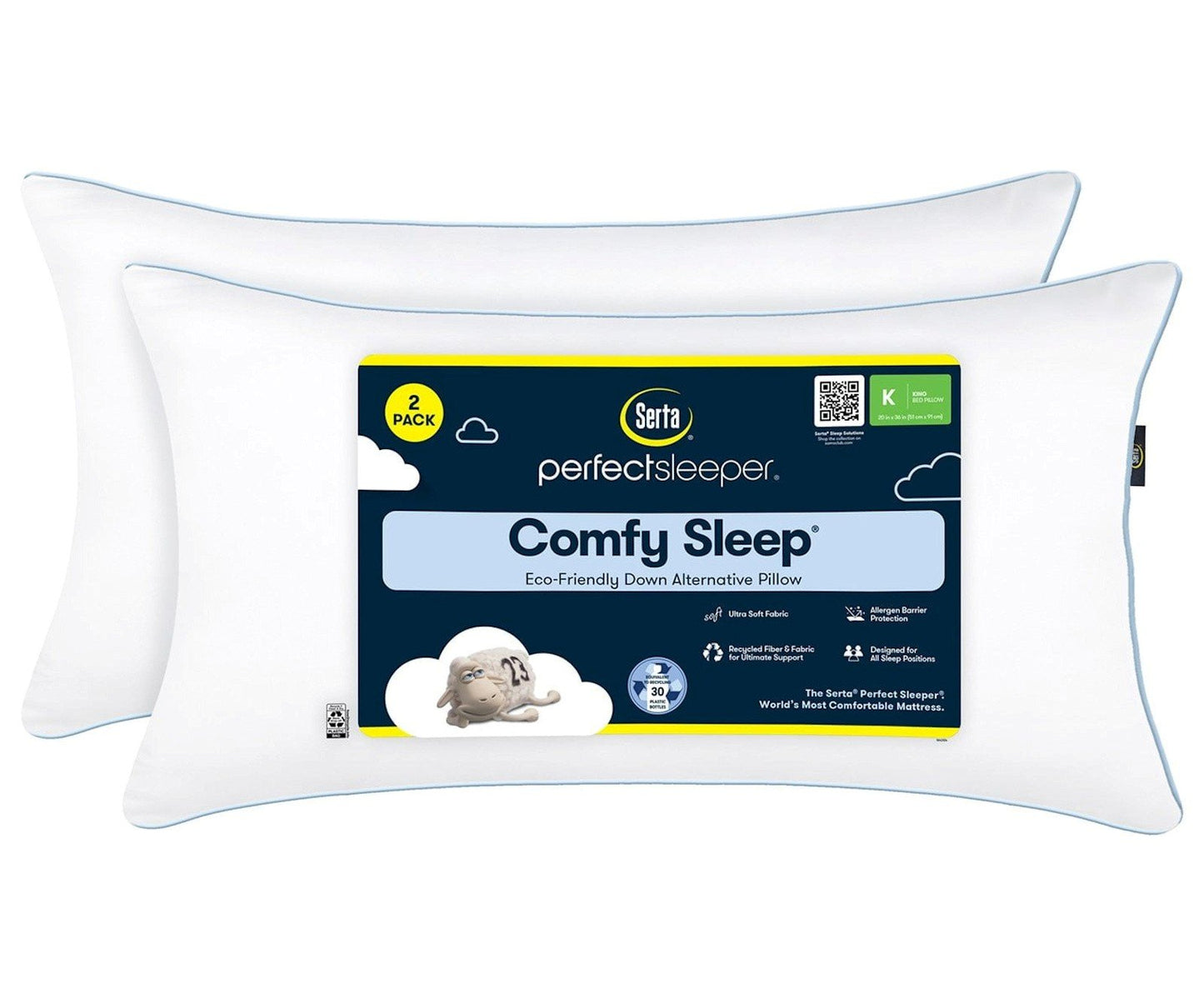 Two Pack Serta Bed Pillows Queen or King Size Fiberfill 300 Thread Count Cotton