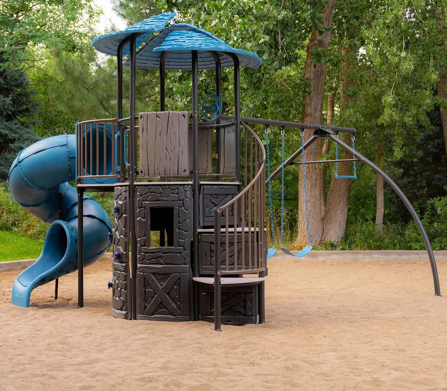 Huge Castle Clubhouse Playground Playset with Swing Spiral Slide Climbing Wall