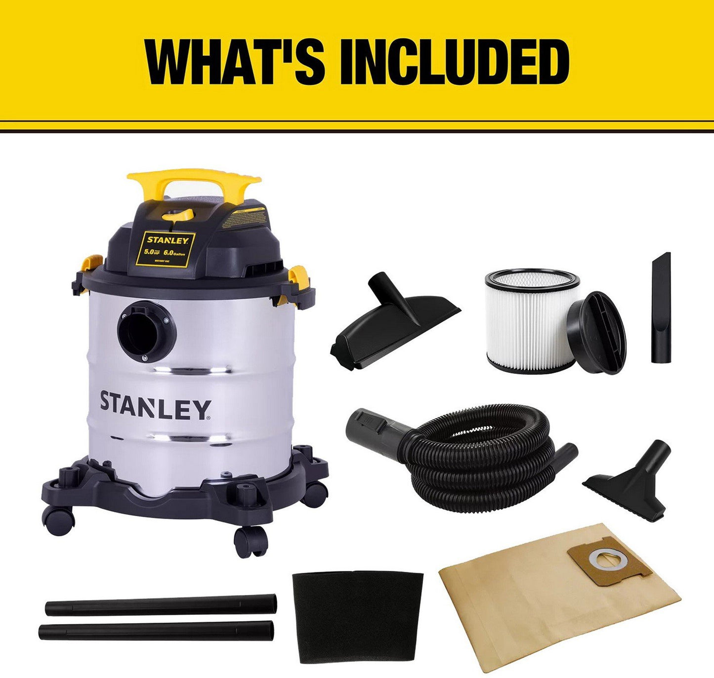Stanley 6 Gallon Wet Dry Shop Vacuum 5.0 Peak HP Stainless Steel