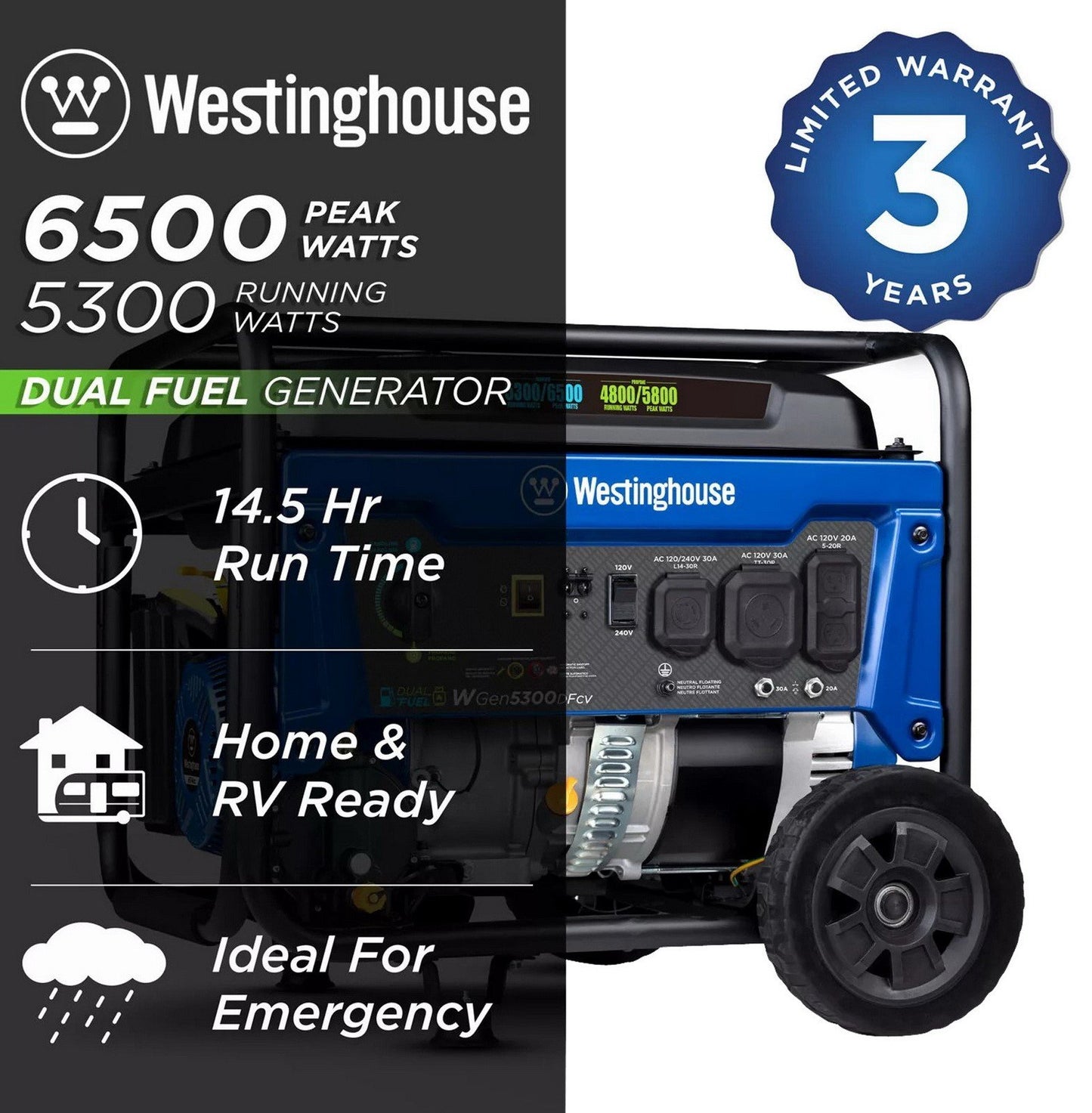 Westinghouse 6500 Peak Watts Portable Power Generator Dual Fuel Gas Propane