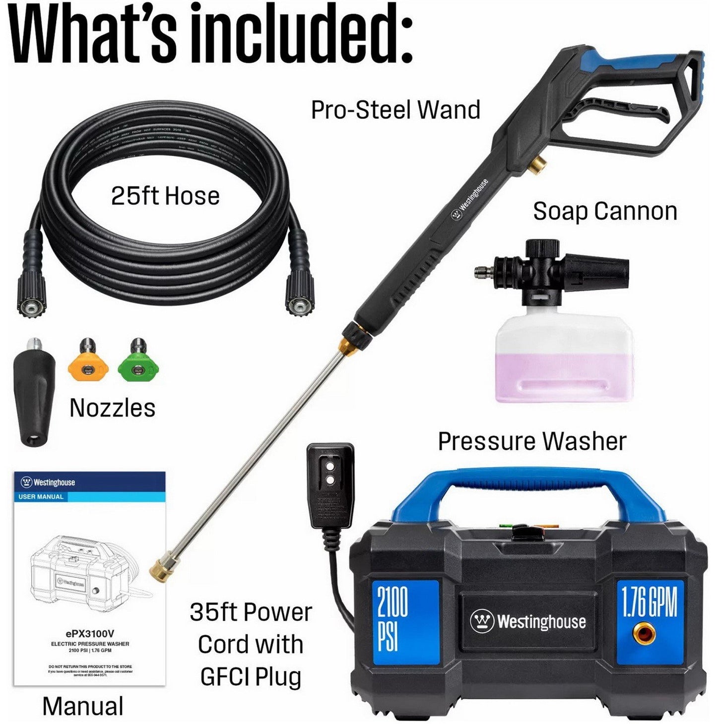2100 PSI Electric Pressure Washer 1.76 GPM Foam Cannon Westinghouse ePX3100v
