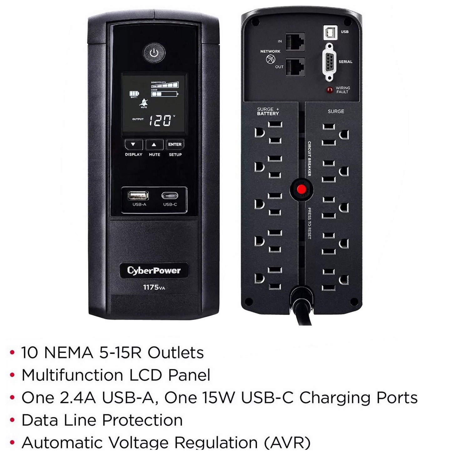 CyberPower 1175VA UPS Battery Backup with Surge Protection & USB Charging S175UC