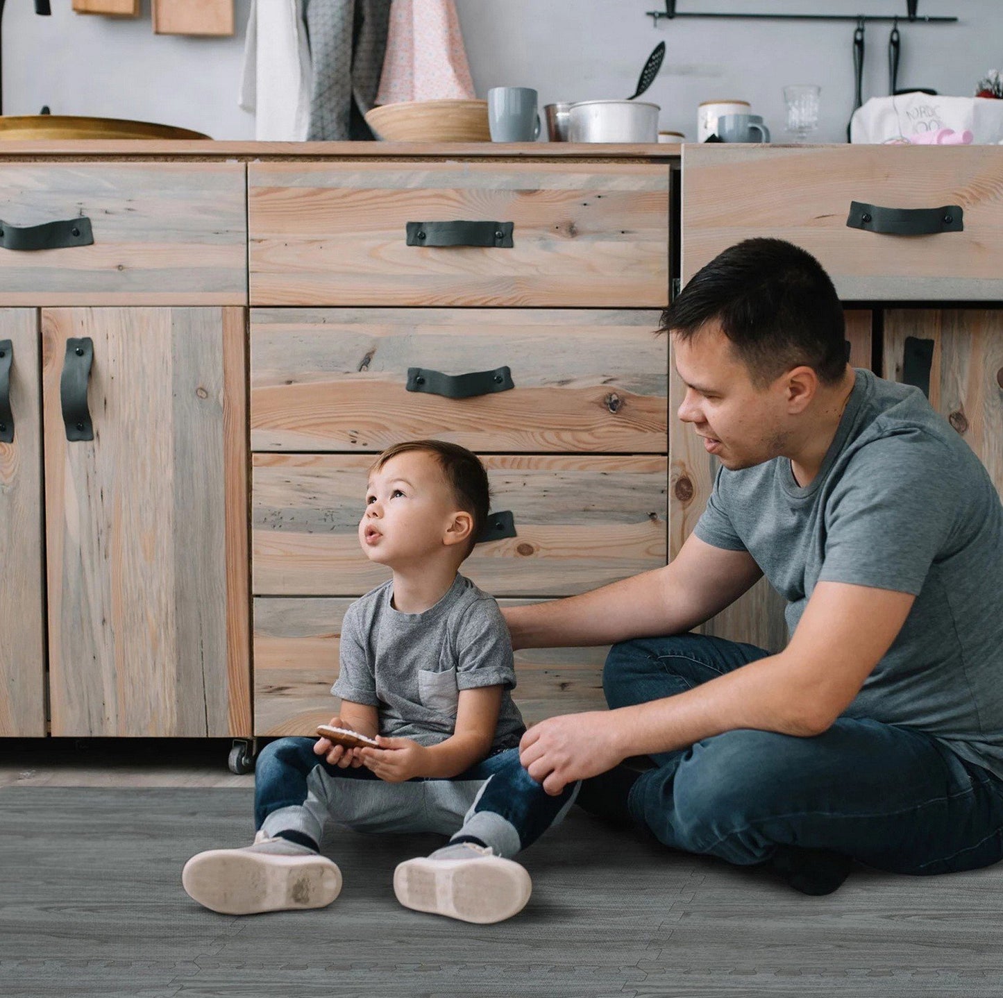 Norsk 25" x 25" Reversible Foam Flooring Gray Wood & Black 9 Tiles Set