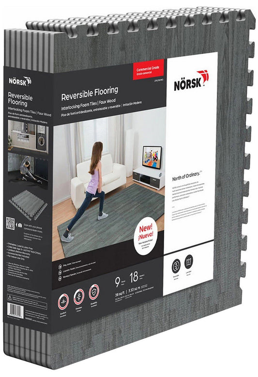 Norsk 25" x 25" Reversible Foam Flooring Gray Wood & Black 9 Tiles Set