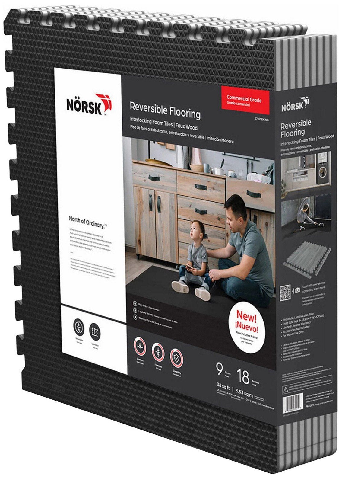 Norsk 25" x 25" Reversible Foam Flooring Gray Wood & Black 9 Tiles Set