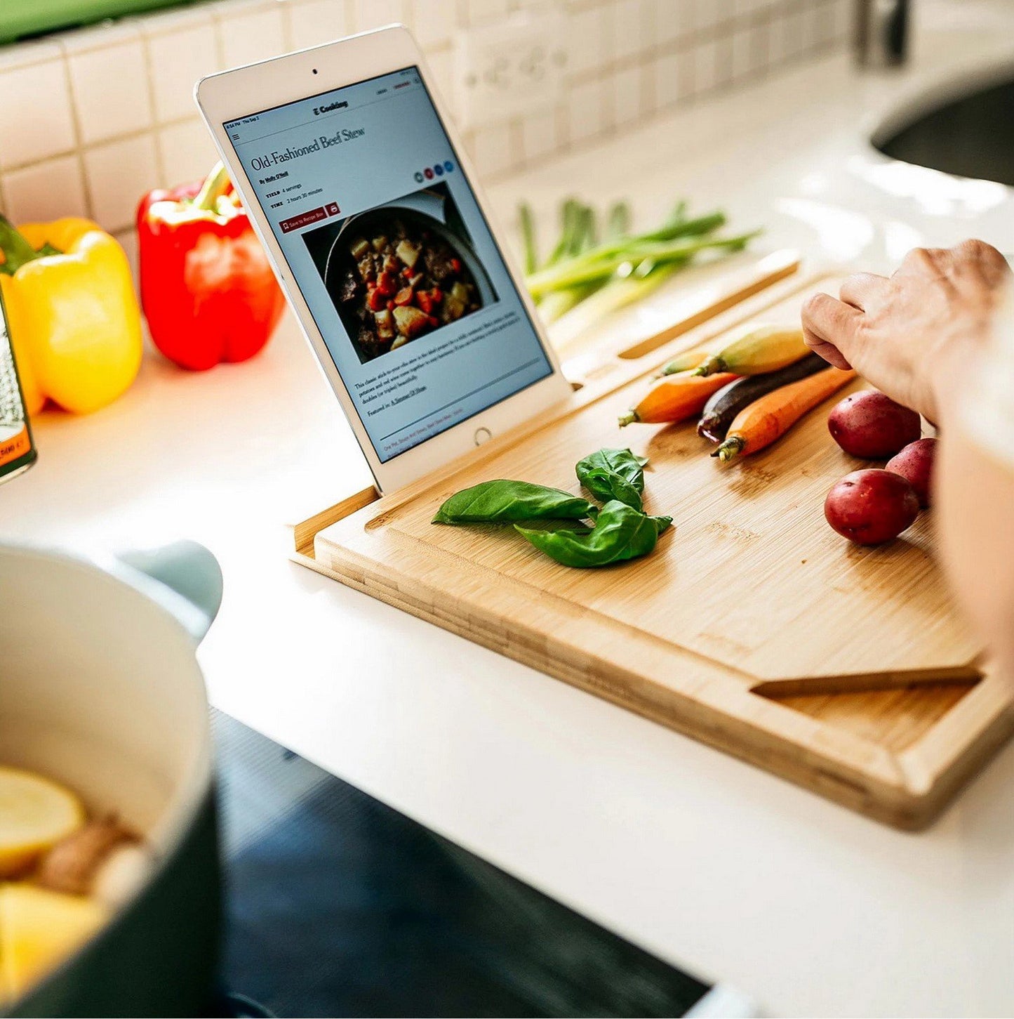 All Natural Bamboo Cutting Board 16" x 12" with 2 PrepTech Phone Holder Slots
