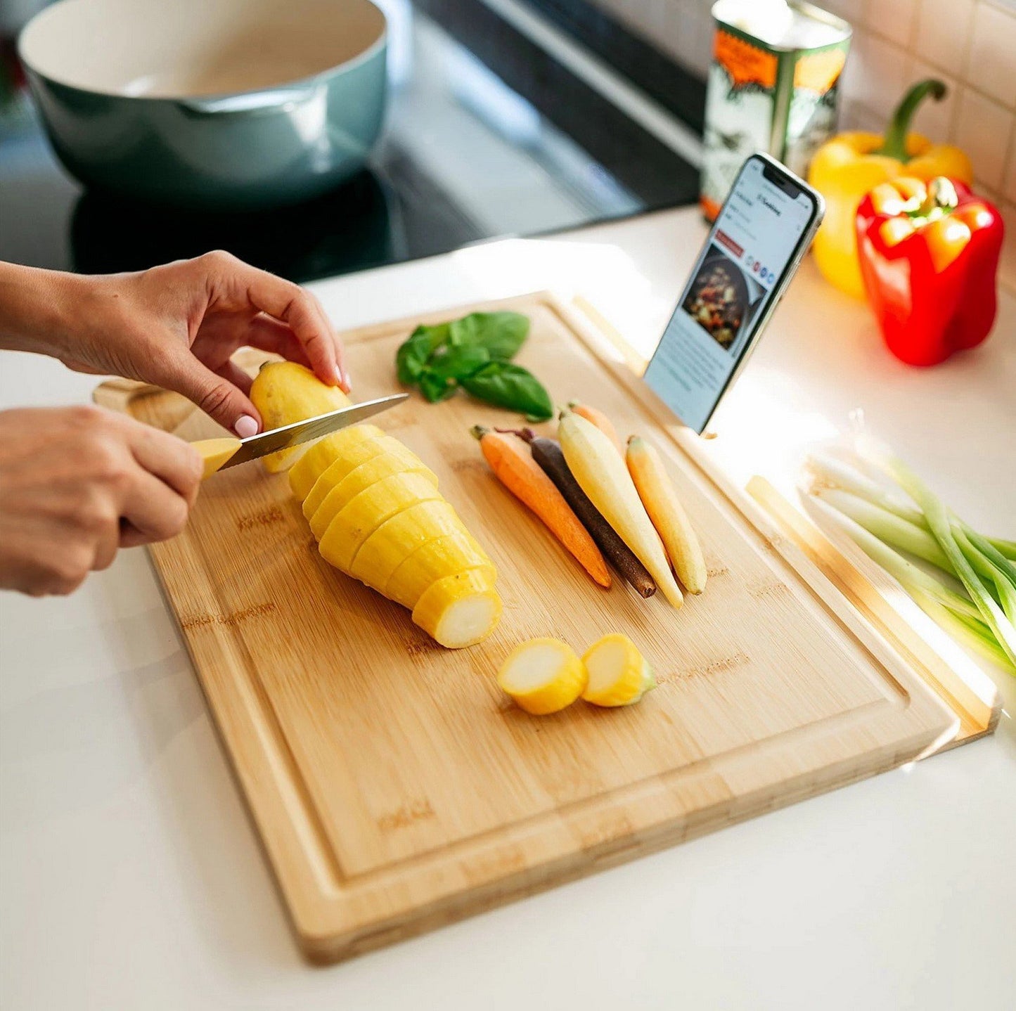 All Natural Bamboo Cutting Board 16" x 12" with 2 PrepTech Phone Holder Slots