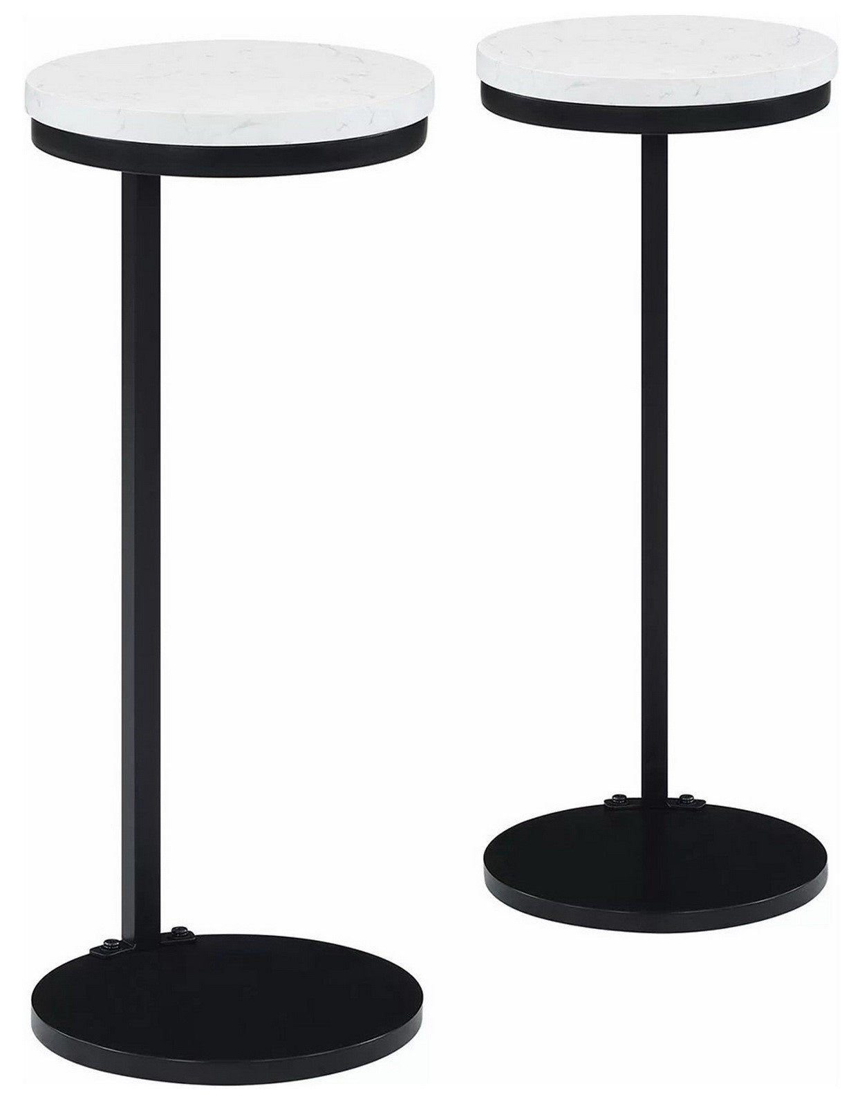 Set of 2 Slick Round Side Tables Faux Marble Top Black Metal Base 24" Tall x 10"