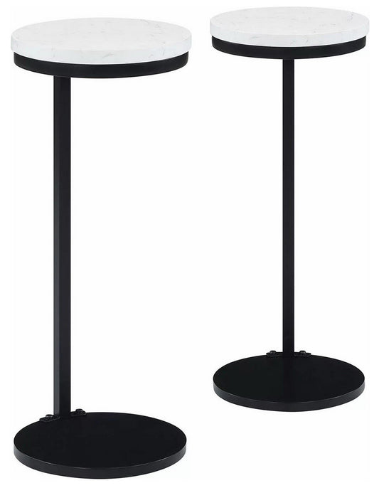 Set of 2 Slick Round Side Tables Faux Marble Top Black Metal Base 24" Tall x 10"