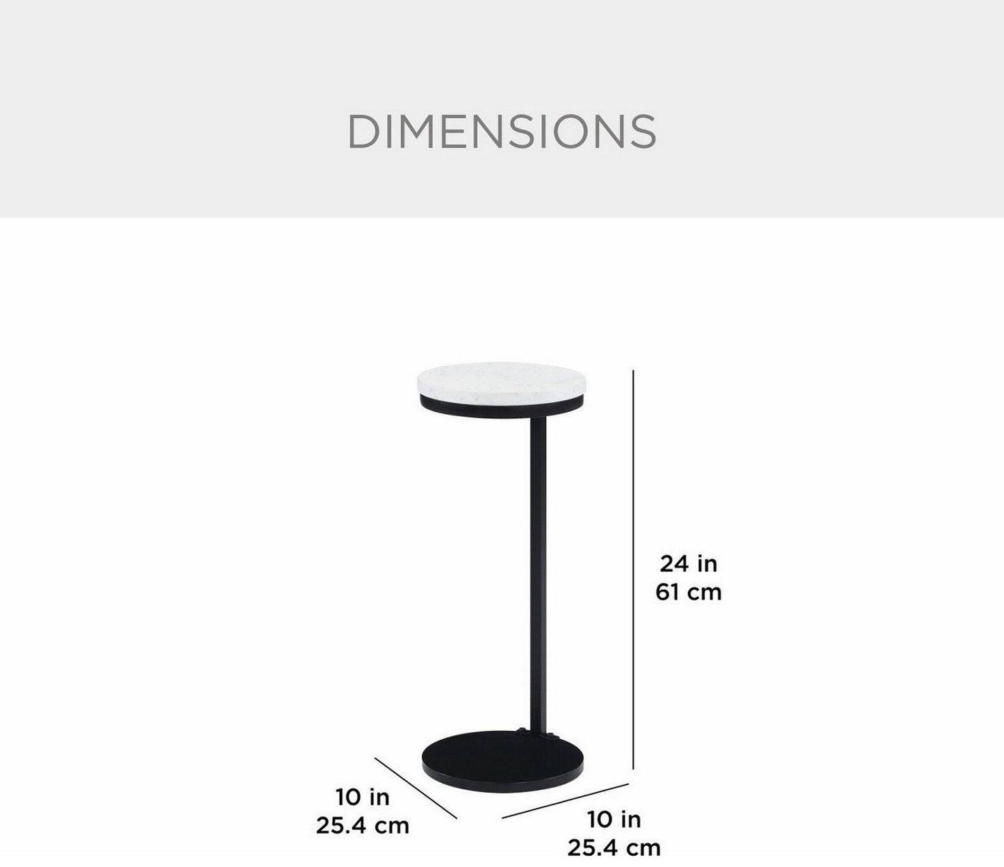 Set of 2 Slick Round Side Tables Faux Marble Top Black Metal Base 24" Tall x 10"