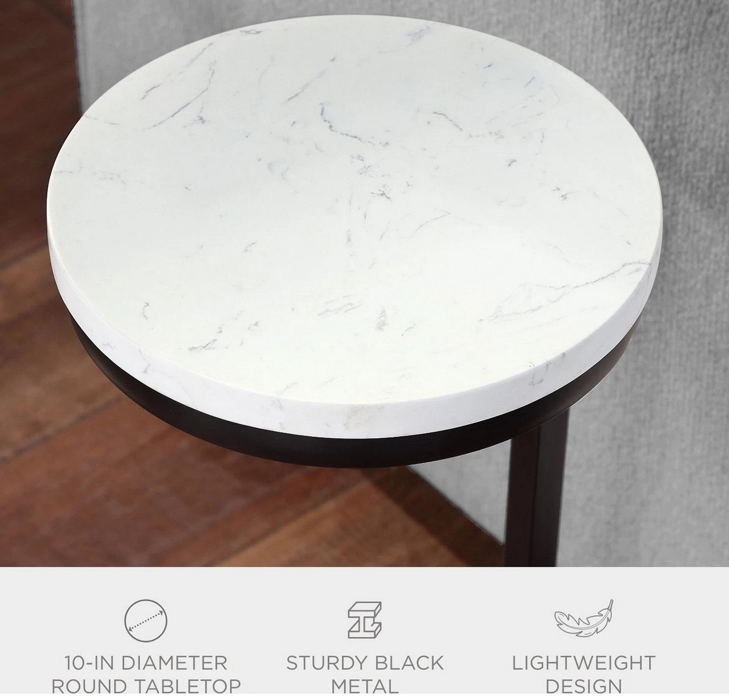 Set of 2 Slick Round Side Tables Faux Marble Top Black Metal Base 24" Tall x 10"