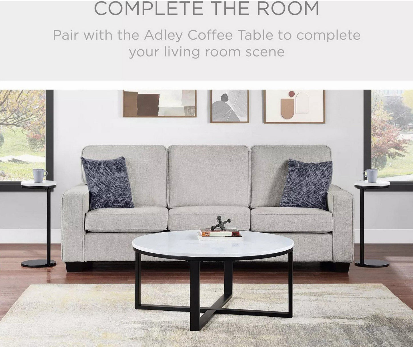 Set of 2 Slick Round Side Tables Faux Marble Top Black Metal Base 24" Tall x 10"