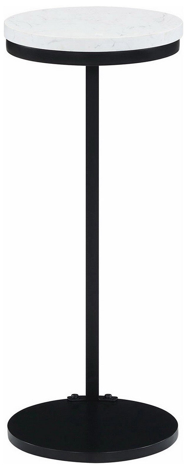 Set of 2 Slick Round Side Tables Faux Marble Top Black Metal Base 24" Tall x 10"