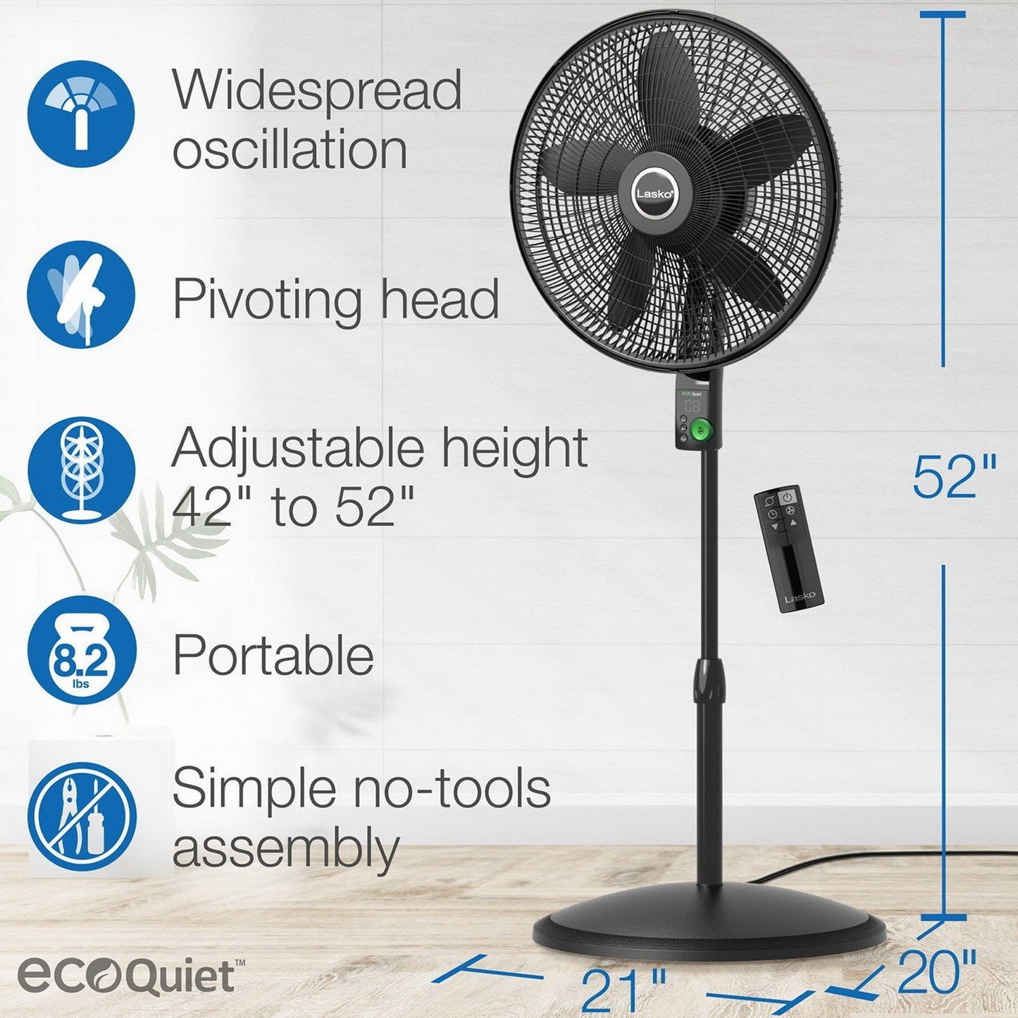 Lasko 18" Eco Quiet Pedestal Fan with Adjustable Height Tilt Remote Control