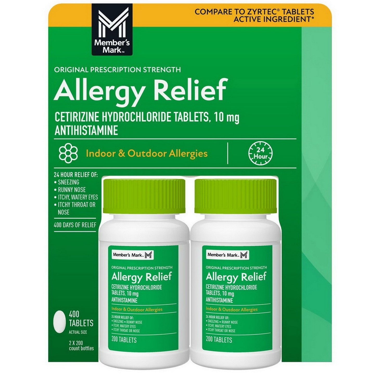 400 Allergy Relief Tablets Cetirizine Hydrochloride 10mg Antihistamine Aller-Zyr