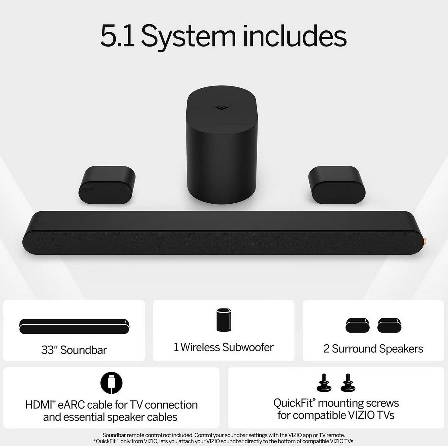 VIZIO 5.1 Sound Bar Dolby Atmos QuickFit Home Theater Wireless Subwoofer