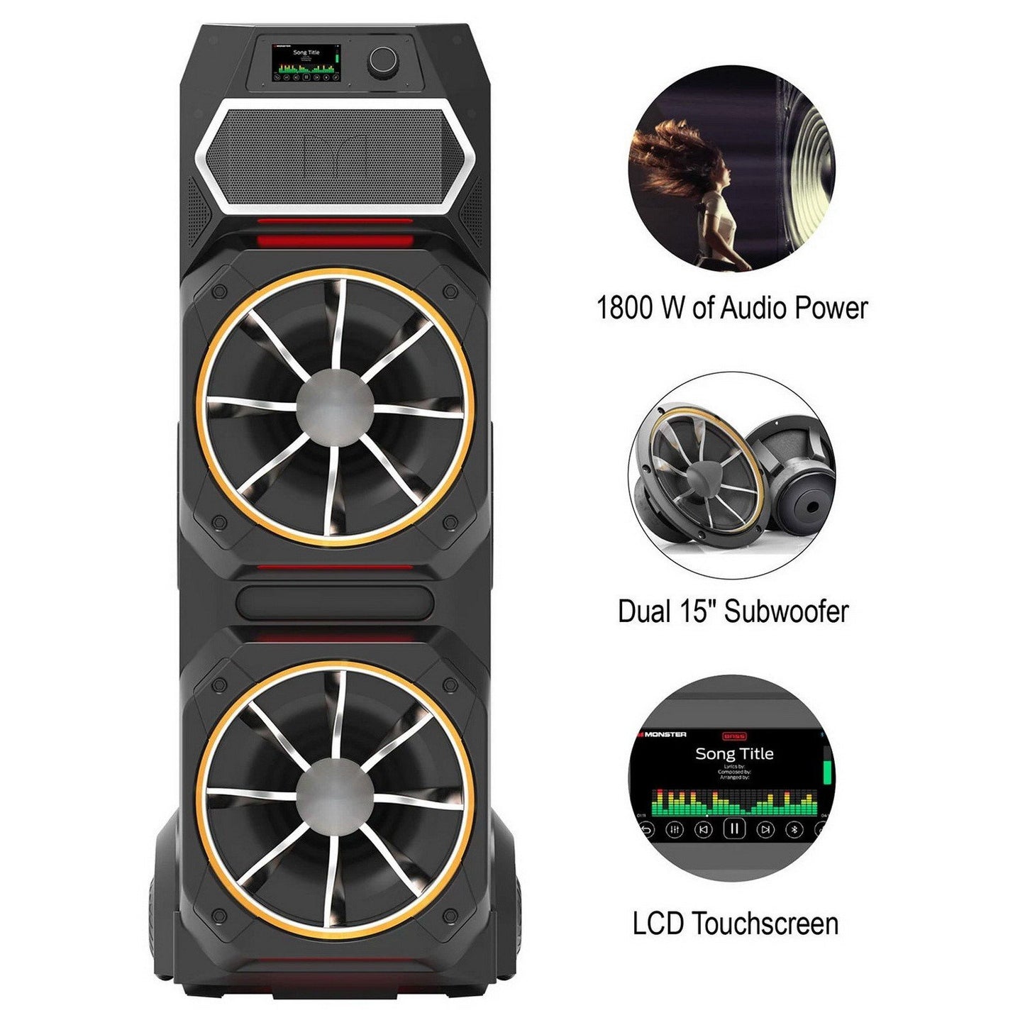 Huge Monster GI30 1800 Watt Party Bluetooth Speaker Dual 15" Subwoofers 54" Tall