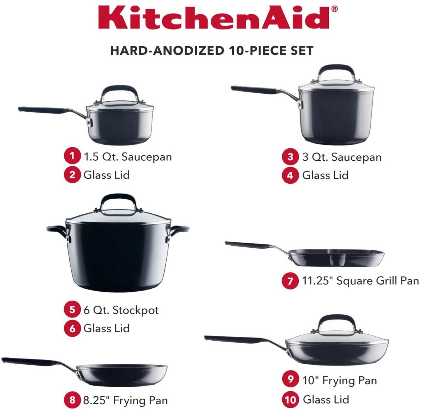 KitchenAid 10 pc Nonstick Cookware Pots & Pans Set Hard Anodized Black