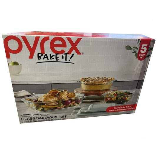 Pyrex 5 Piece Glass Baking Dish Round and Square with Lids Extra Deep Size