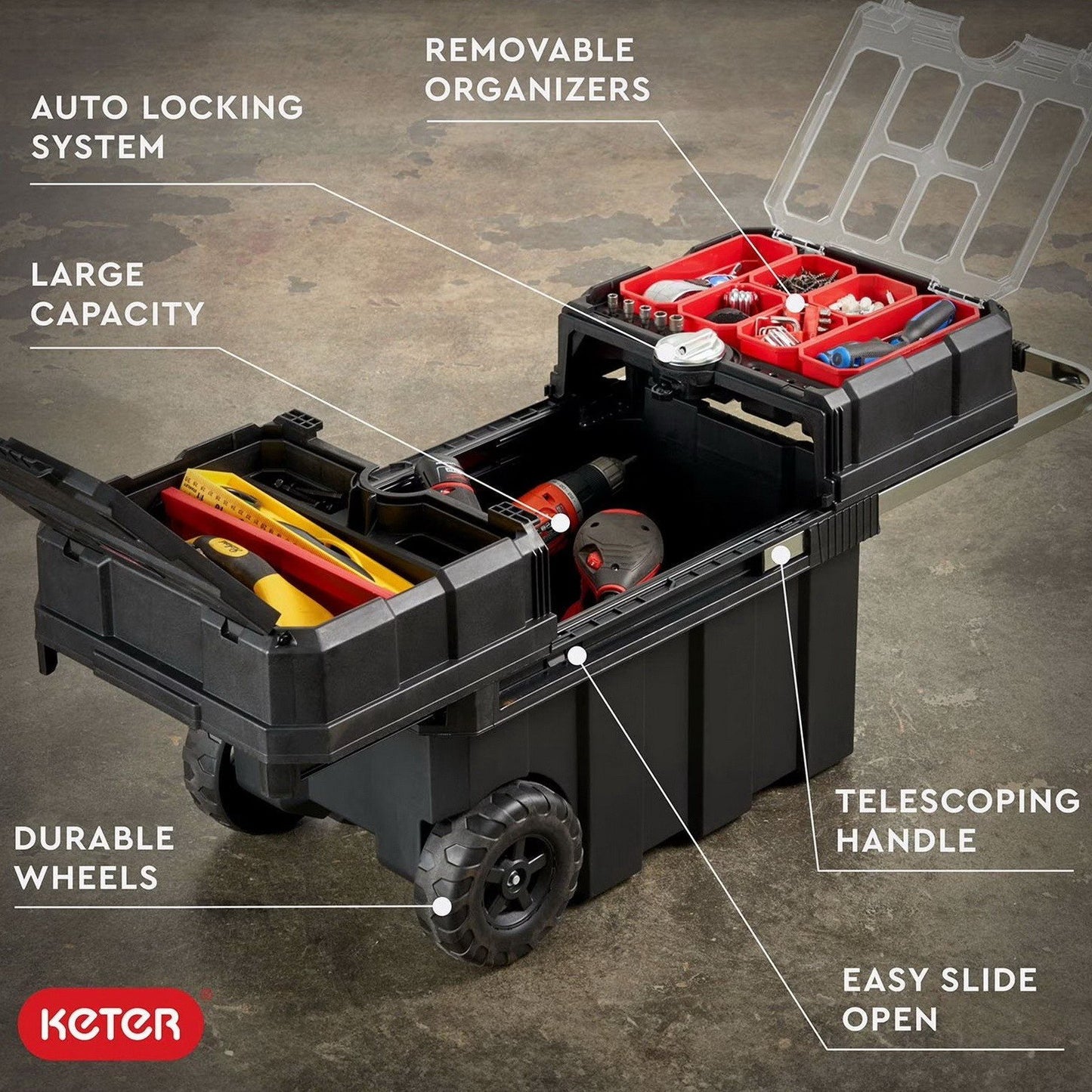 Keter Rolling ToolBox with Telescoping Handle 18" Cantilever Tool Box Organizer