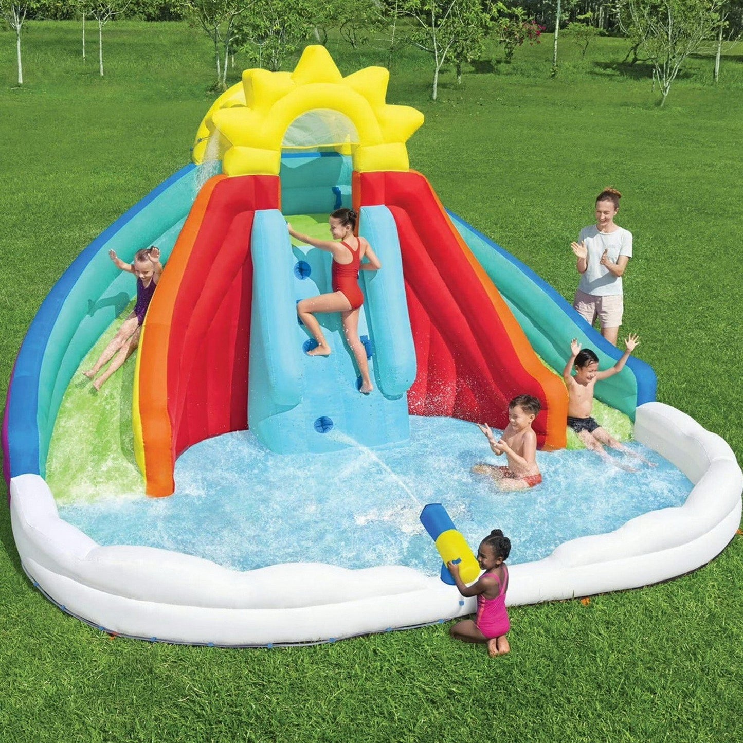 H2OGO! Huge Inflatable Water Park Splash Pool 2 Lane Slide Spray Blaster