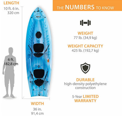 Envoy Tandem 2 Person Kayak Sit On Top Flat Bottom with Paddles 10'-6" Long