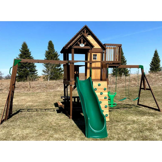 Cedar Wood Playground Swing Set Huge 9 Kid Fort Wave Slide Climbing Wall
