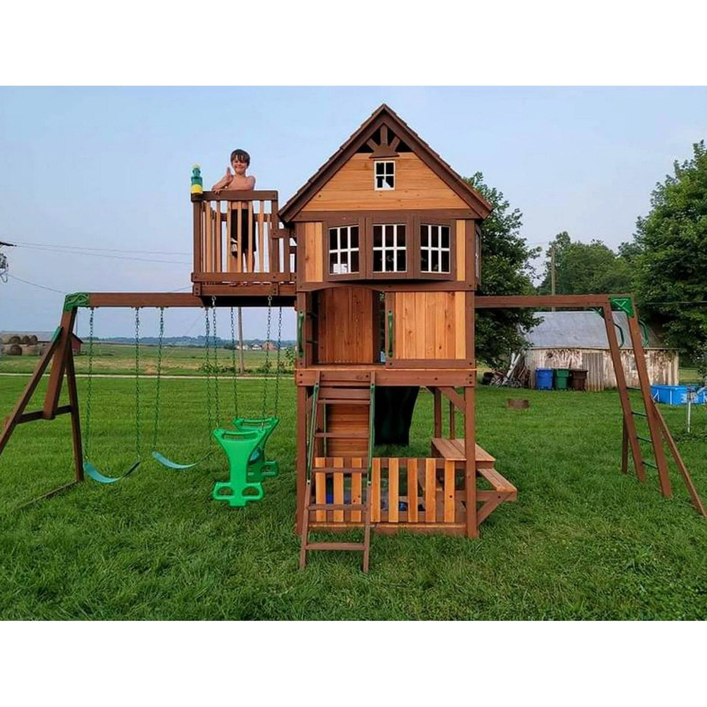 Cedar Wood Playground Swing Set Huge 9 Kid Fort Wave Slide Climbing Wall