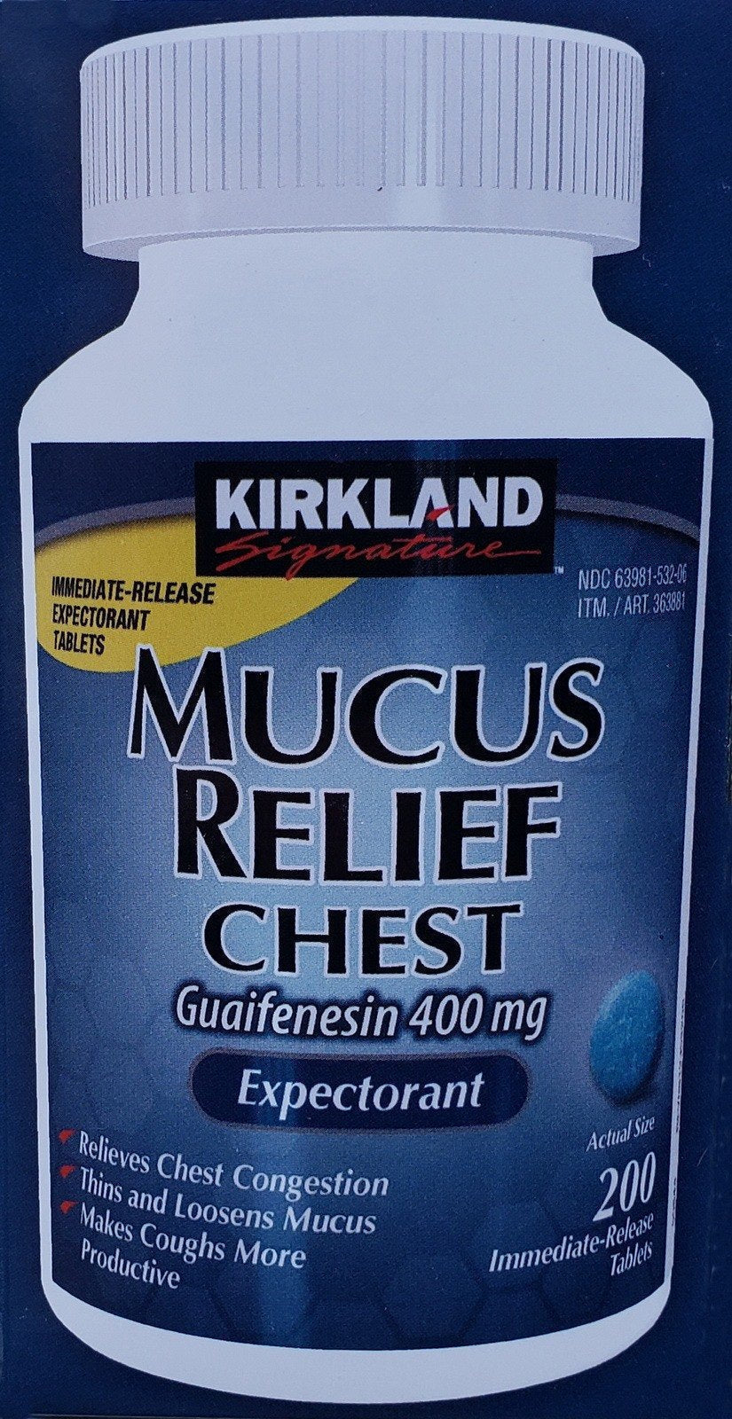 Kirkland Mucus Relief Chest Expectorant 400mg Guaifenesin Tablets 200 400 600