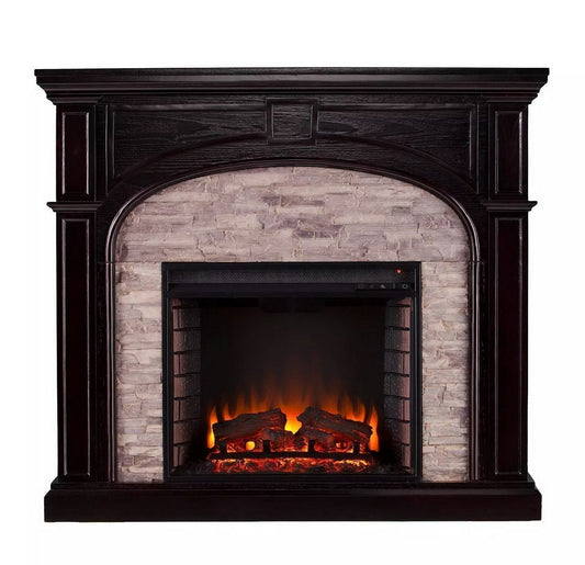 Electric Fireplace 1500 Watt Heater with Logs Mantel Stone Surround Hidden Shelf