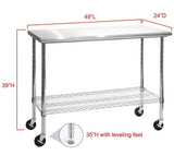 Rolling Stainless Steel Top Work Table NSF Metal Kitchen 49" x 24" Locking Wheel